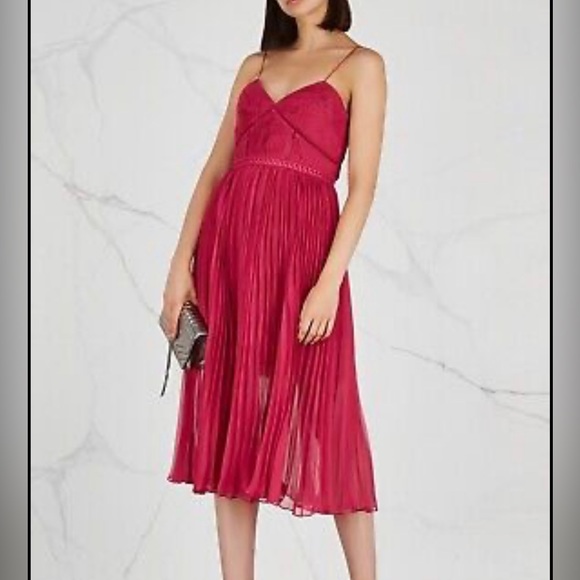 Self Portrait Fuchsia Pleated Chiffon Midi Dress - Picture 2 of 6